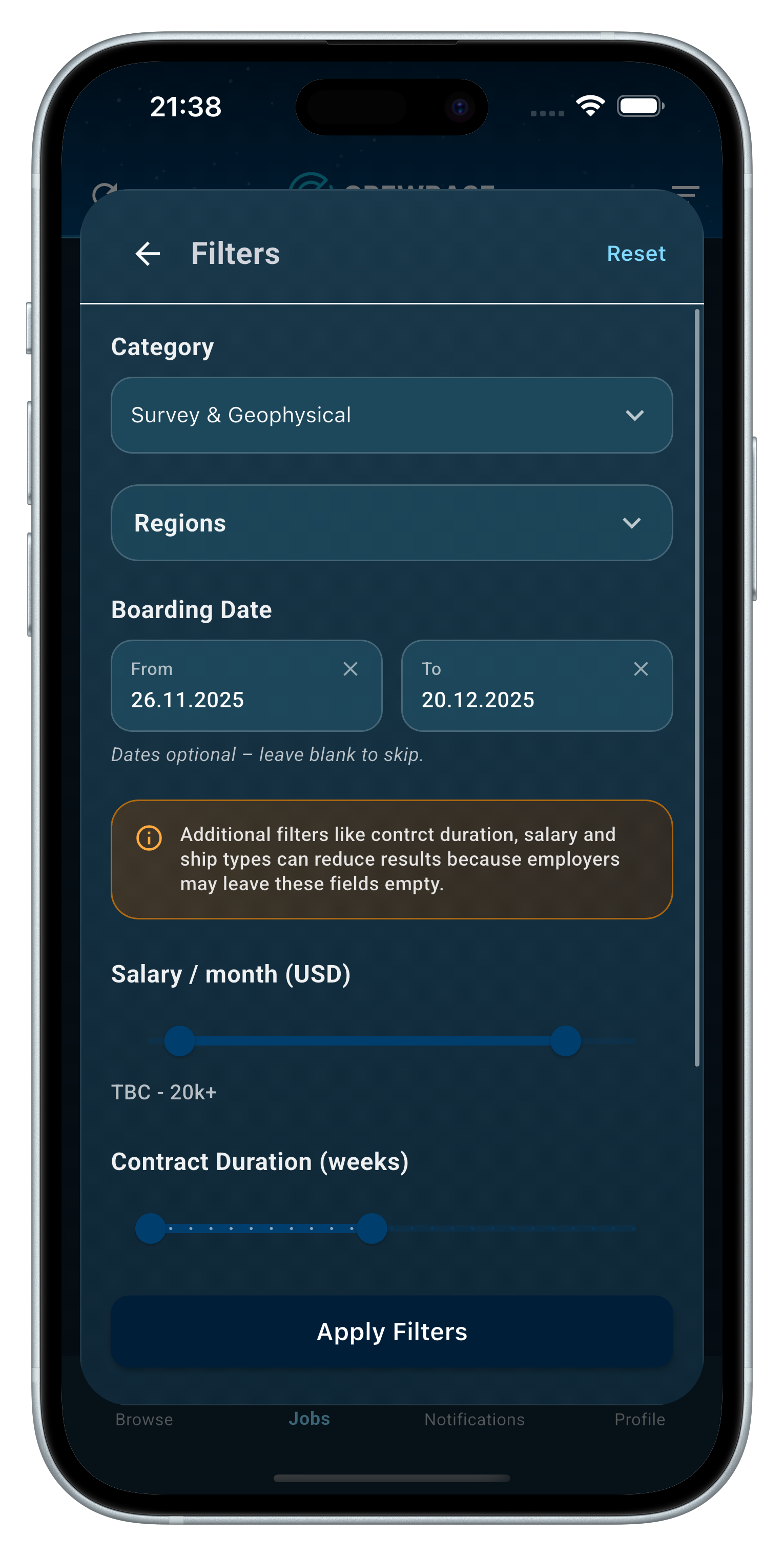 Filter dialog screen